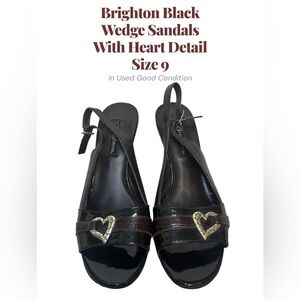 Brighton Black Cork Wedge Sandals Silver Heart Detail Size 9